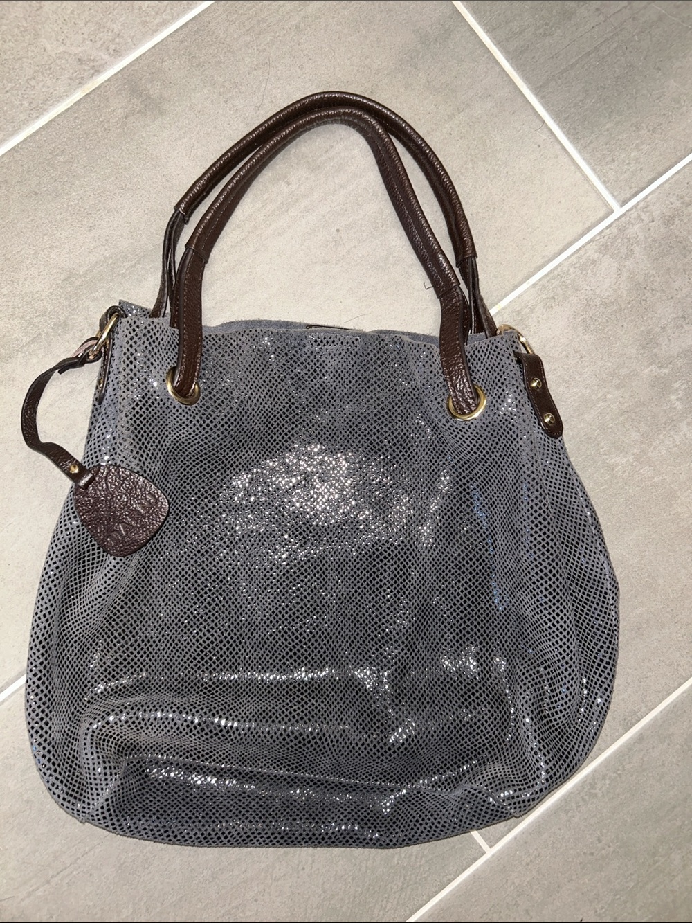 Marni Gray Snakeskin Leather Tote with Brown Handles